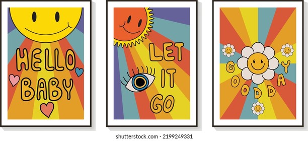 Collection of 70s wall art background vector. Set of retro wall decoration, groovy, smile flowers, sunshine, fonts, eye. Vintage hippie poster for interior, decorative, banner, cover, wall design.