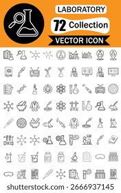 A collection of 72 hand-drawn vector icons representing various laboratory and scientific concepts, presented on a bright orange background.