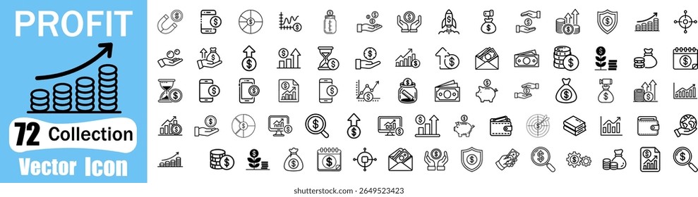 Una colección de 72 iconos vectoriales que representan varios conceptos financieros como crecimiento de ganancias, ahorros, inversiones y gestión financiera. Incluye símbolos para monedas, bolsas de dinero, gráficos y más.