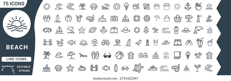 Collection of 75 beach and summer vacation line icons vector