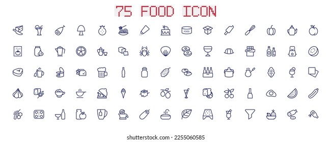 Collection of 75 common food icons in the catering industry. It includes drinks, cutlery, canned food, vegetables, wine, fruits, pasta, meat and so on. Vector illustration.
