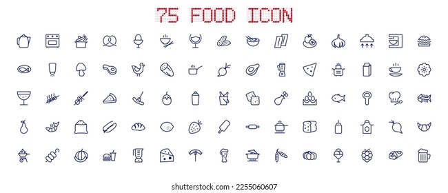 Collection of 75 common food icons in the catering industry. It includes pretzels, wine, ham, pea pods, pies, kebabs, lemons, strawberries, milk and so on. Vector illustration.