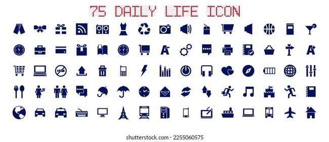 A collection of 75 festival and life-related icons. Includes gifts, ribbons, office supplies, umbrellas, running, shopping carts, vehicles, logos and so on. Vector illustration.