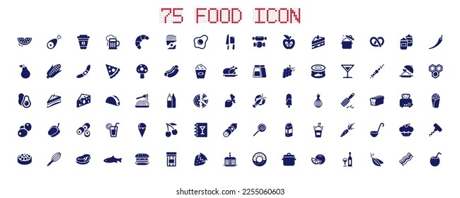 Collection of 75 food-related icons. Modern fruits and vegetables, beer and snacks. It includes corn, chili, sausage, pizza, French fries, doughnuts, bacon and so on. Vector illustration.