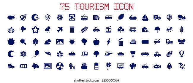 A collection of 75 traffic and tourism-related icons. Modern tourism elements. Including airships, cruise ships, cable cars, weather, cars and so on. Vector illustration.