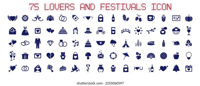 A collection of 75 Valentine's Day and Thanksgiving-related icons. Modern holiday elements. Including wedding dresses, flowers, love, diamond rings and so on. Vector illustration.