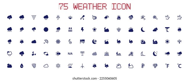 A collection of 75 weather icons, meteorological industry. Including rain, sunny, thunderstorm, lightning, crescent moon, sun, snowflakes, wind and so on. Vector illustration.