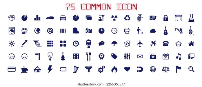 A collection of 75 web pages and music related icons. Including computers, accordions, wireless networks, DVD, magnets, vehicles, trumpets, cars and so on. Vector illustration.