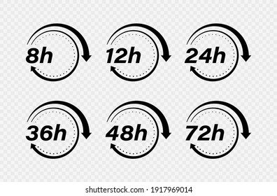 Collection 8, 12, 24, 36, 48 and 72 hours clock arrow vector icons. Design for delivery service, order, business, Vector illustration.