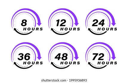 Collection 8, 12, 24, 36, 48 and 72 hours clock arrow vector icons. Design for delivery service, order, business, Vector illustration.