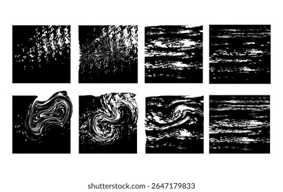 Een verzameling van 8 abstracte grunge-texturen met wervelende patronen, verontrustende krassen, ruwe verfspatten en chaotische inkteffecten. Ideaal voor gebruik in grunge thema posters, en modern design.