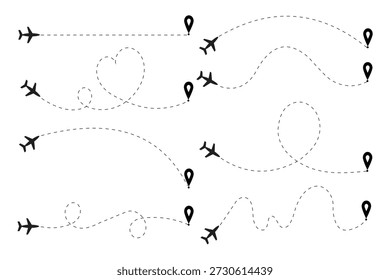 Coleção de 8 pistas de voo de avião com linhas tracejadas e marcadores de localização. Perfeito para viagens, turismo e projetos de logística.
