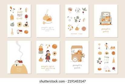 Collection of 8 Autumn mood greeting cards or posters template. Welcome fall season, thanksgiving invitation, nature cozy set. Colored cartoon flat vector illustrations isolated on white background. 