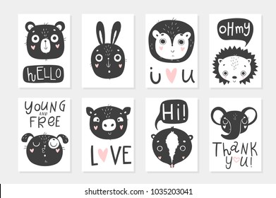 Collection of 8 baby shower posters, vector invites. Cards with cute objects on white background, monochrome colors. Wedding, save the date, baby shower, bridal, birthday, Valentine's day. Vector