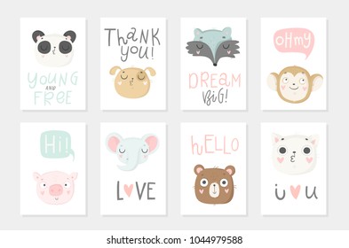 Collection of 8 baby shower posters. Cards with cute animals and hand drawn lettering on white background, pastel colors. Wedding, save the date, baby shower, bridal, birthday. Vector