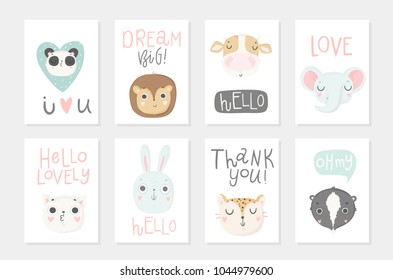 Collection of 8 baby shower posters. Cards with cute animals and hand drawn lettering on white background, pastel colors. Wedding, save the date, baby shower, bridal, birthday. Vector