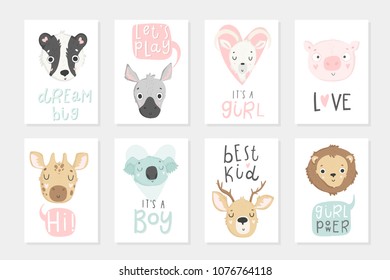 Collection of 8 baby shower posters. Cards with cute animals and hand drawn lettering on white background, pastel colors. Wedding, save the date, baby shower, bridal, birthday. Vector