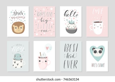 Collection of 8 baby shower posters, vector invites. Cards with cute objects on white background, pastel colors. Wedding, save the date, baby shower, bridal, birthday, Valentine's day. Vector
