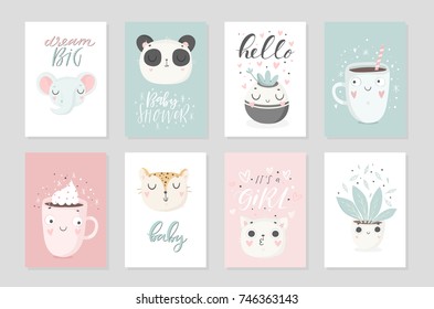 Collection of 8 baby shower posters, vector invites. Cards with cute objects on white background, pastel colors. Wedding, save the date, baby shower, bridal, birthday, Valentine's day. Vector