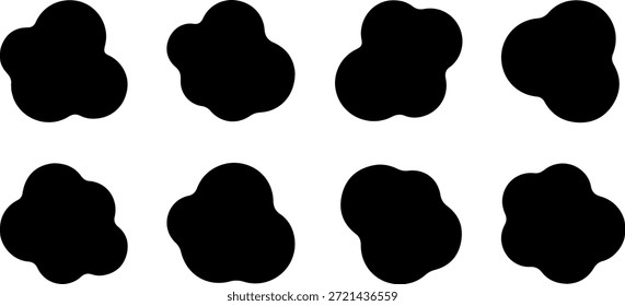 Coleção de 8 formas de bolhas de fluido abstratas pretas isoladas em um fundo branco. Essas silhuetas orgânicas irregulares são elementos vetoriais perfeitos para projetos de design gráfico modernos, representando formas líquidas, manchas de ameba, manchas de tinta dinâmica ou emblemas web elegantes. Ideal para pôsteres, marcas e planos de fundo.