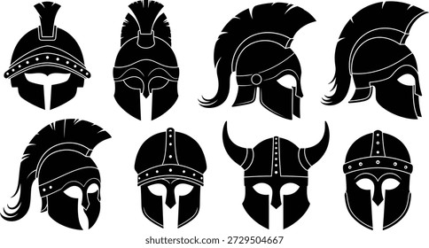 Una colección de 8 siluetas negras de cascos de guerra antiguos con diseños únicos y Formas sobre un fondo blanco.