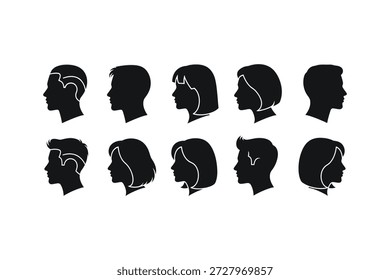 Una colección de 8 siluetas negras de diferentes peinados y perfiles de cabeza sobre un fondo blanco