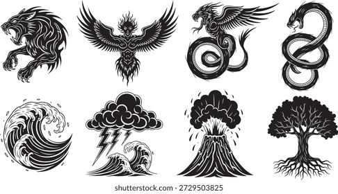 A collection of 8 black silhouettes featuring mythological creatures and natural elements, including a horse, bird, dragon, snake, wave, volcano, tree, and lightning