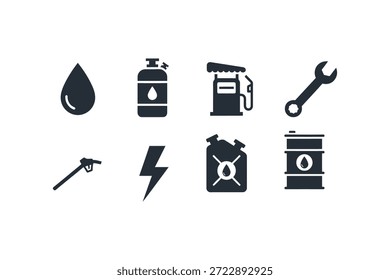 Eine Sammlung von 8 schwarzen Silhouetten von Werkzeugen und Gegenständen, darunter ein Tröpfchen, eine Sprühflasche, eine Gaspumpe, ein Schraubenschlüssel, ein Hammer, ein Blitz, eine Gasdose und ein Fass.