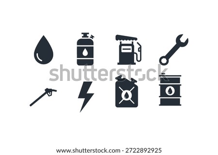 A collection of 8 black silhouettes of tools and objects, including a droplet, spray bottle, gas pump, wrench, hammer, lightning bolt, gas can, and barrel.