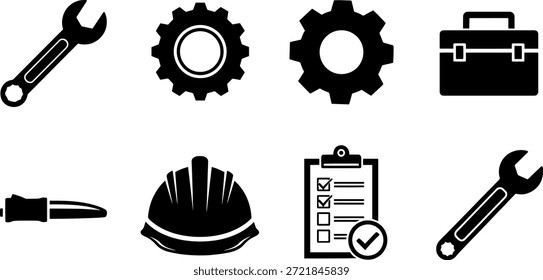 Una colección de 8 iconos de silueta de Vector negro con varias herramientas y equipos para fines industriales e ingenieriles