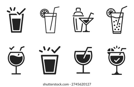 Collection of 8 black and white icons representing alcoholic and non-alcoholic beverages and bar equipment.