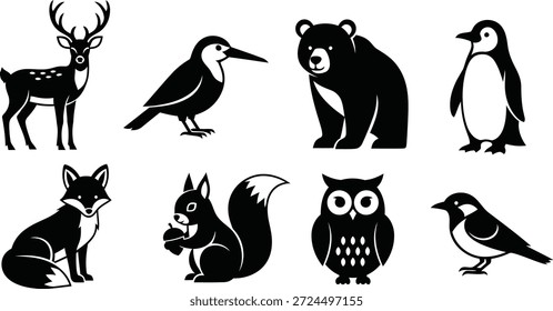 Una colección de 8 ilustraciones en blanco y negro de varios animales, incluidos mamíferos y aves, en un estilo gráfico simple.