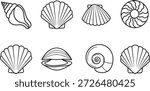 A collection of 8 black and white seashell silhouettes arranged in two rows
