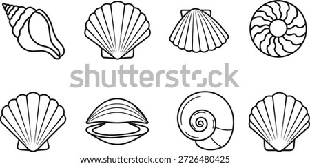 A collection of 8 black and white seashell silhouettes arranged in two rows