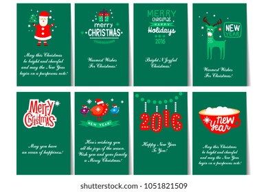 Collection of 8 card templates for Christmas and New Year cards with different signs and congratulations. Postcards for winter holidays. Colorful flat vector design