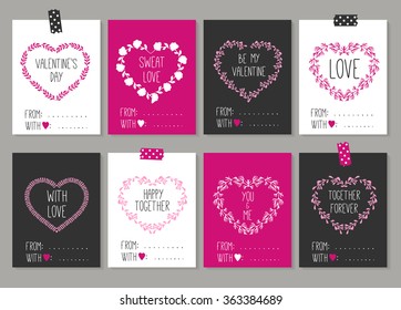 Collection of 8 cards of love design. Valentine's day Posters set. Vector illustration. Template for Greeting, Scrapbooking, Congratulations, Invitations, Planner, Diary, Notes.