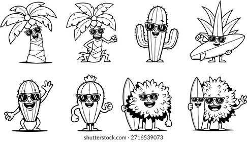 Uma coleção de 8 cactos de desenho animado e palmeiras usando óculos escuros, apresentando várias plantas do deserto com características humanas