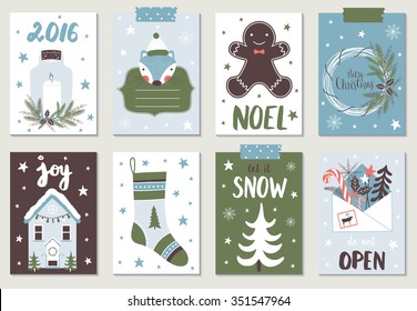 Collection of 8 Christmas card templates. Christmas Posters set. Vector illustration. Template for Greeting Stickers, Scrapbooking, Congratulations, Invitations, Planner.