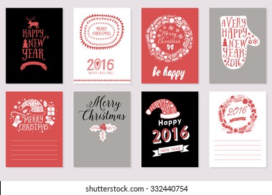 Collection of 8 Christmas cards. Merry Christmas, Happy New Year labels. Vector illustration template for greeting scrapbooking, congratulations, invitations. Design set for winter holidays 