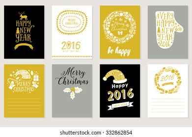 Collection of 8 Christmas cards. Merry Christmas, Happy New Year labels. Vector illustration template for greeting scrapbooking, congratulations, invitations. Design set for winter holidays 