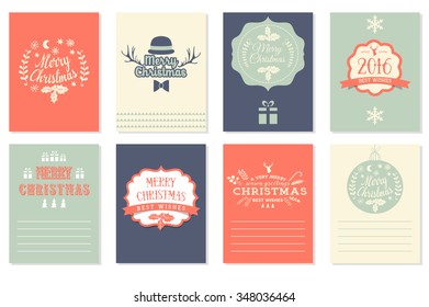 Collection of 8 Christmas cards. Merry Christmas, Happy New Year labels. Vector illustration template for greeting scrapbooking, congratulations, invitations. Design set for winter holidays