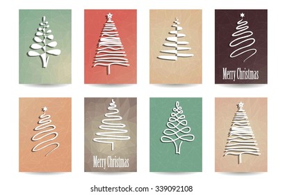 Collection of 8 Christmas cards with a tree on abstract triangular pastel colored backgrounds. Vector illustration