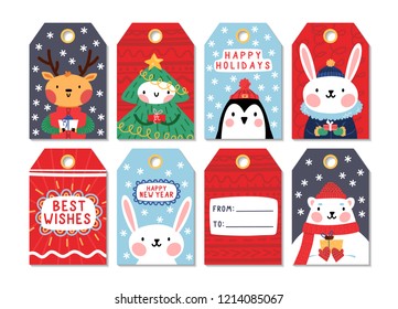 Collection of 8 christmas gift tags with cute winter animals. Vector cartoon style design.