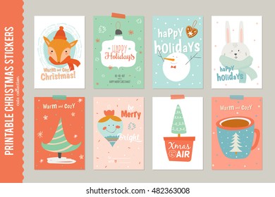 Collection of 8 Christmas gift tags and cards templates. beautiful cheerful posters set. Lovely winter invitations with cartoon and character style illustration.