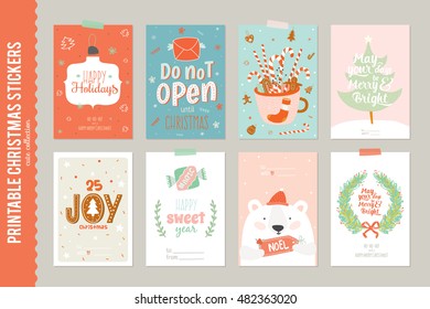 Collection of 8 Christmas gift tags and cards templates. beautiful cheerful posters set. Lovely winter invitations with cartoon and character style illustration.