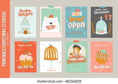 Collection of 8 Christmas gift tags and cards templates.beautiful cheerful posters set. Lovely winter invitations with cartoon and character style illustration.