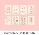 Collection of 8 coquette pink posters in charming girly trendy style. Vintage feminine cards with victorian accessories: bows, ribbons, feathers, mirrors, jewelry, décor. Soft beige and pink colors