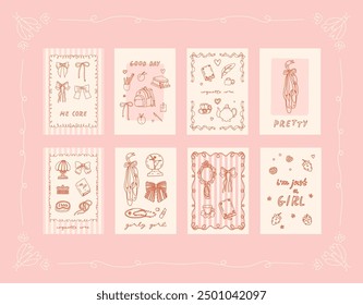 Collection of 8 coquette pink posters in charming girly trendy style. Vintage feminine cards with victorian accessories: bows, ribbons, feathers, mirrors, jewelry, décor. Soft beige and pink colors