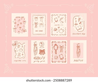 Collection of 8 coquette pink posters in charming girly trendy style. Vintage feminine cards with victorian accessories: bows, ribbons, feathers, mirrors, jewelry, décor. Soft beige and pink colors