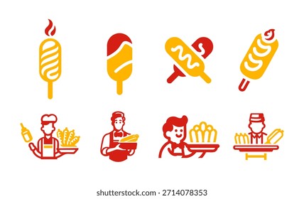 Uma coleção de 8 designs de logotipo corndog com comida de rua, lanches de serviço rápido e temas de fornecedores. Ideal para empresas de alimentos, quiosques e projetos de marca.